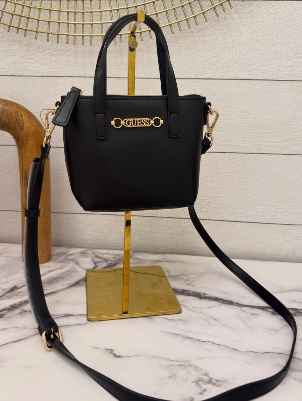 GUESS Black Mini Crossbody Satchel with Gold Hardware